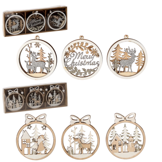 Sada drevených vianočných ozdôb – 6 kusov