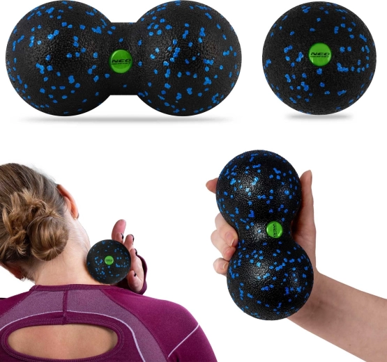 Masážna loptička a dvojitá loptička (peanut) – sada, čierno-modrá
