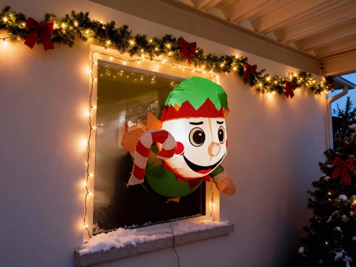 Nafukovací vianočný elf na okno s LED osvetlením 90 cm