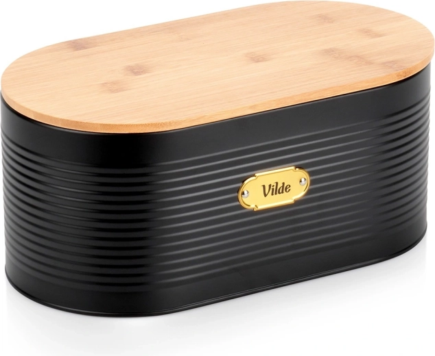 Kovový chlebník s bambusovým vekom, čierny, 34 × 18,5 × 15 cm