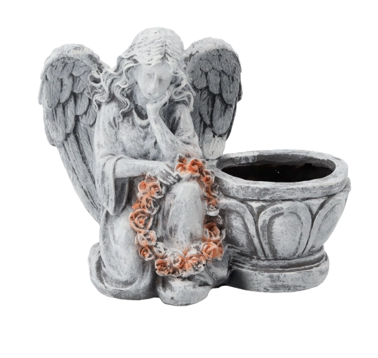 Soška kľačiaceho anjela s kvetináčom, sivá, 23,5 × 12,5 × 20 cm