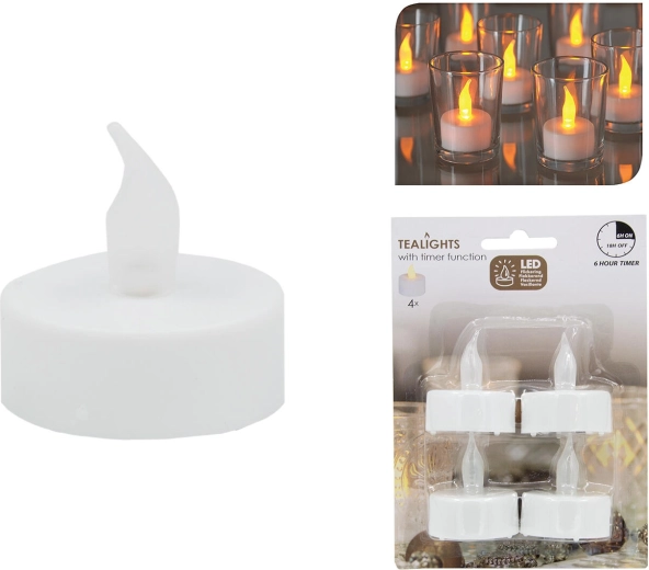 Sada LED čajových sviečok s časovačom, biela, priemer 3,5 cm (4 ks)