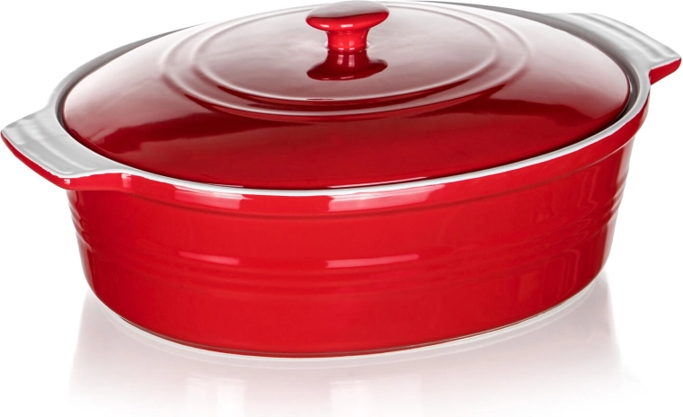Keramická zapekacia misa s vekom CULINARIA, oválna 36,5 × 25 cm, červená/biela