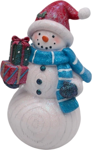 Drevená dekorácia snehuliak s darčekmi