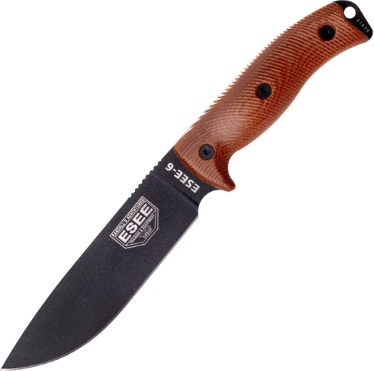 ESEE Model 6 survival nôž s čiernou čepeľou a hnedou rukoväťou Micarta