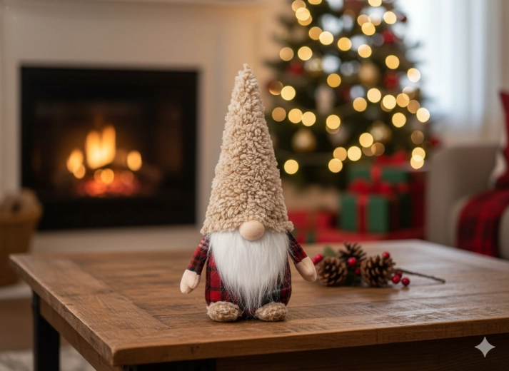 Vianočný škriatok 30 cm v béžovo‑červenej