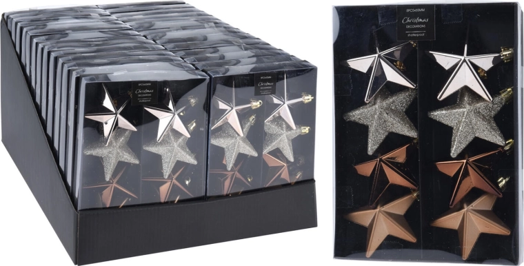 Vianočné ozdoby hviezda 6,5 cm – mix hnedá, zlatá, strieborná (8 ks)