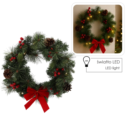 Vianočný veniec s LED osvetlením 40 cm – červený