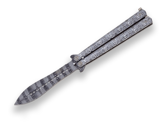 Joker Butterfly vreckový nôž motýlik 11 cm s hliníkovou rukoväťou a damaškovým vzorom