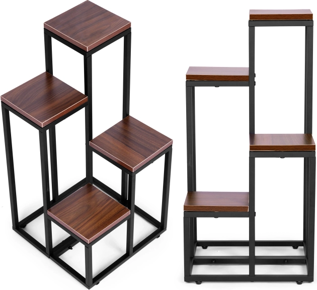 Stojan na rastliny s poličkami ModernHome 4 úrovne kov a MDF tmavý orech