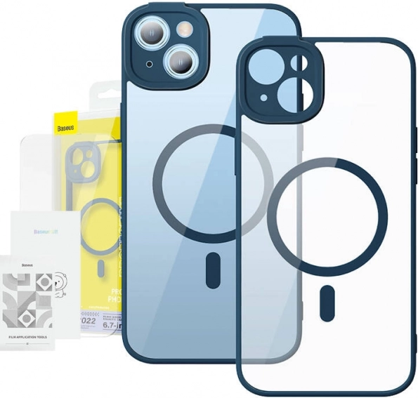 Priehľadné magnetické puzdro a tvrdené sklo Baseus pre iPhone 14 Plus modré