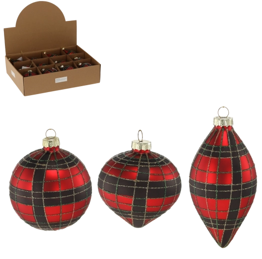 Sklenená vianočná ozdoba červená a čierna kocka – mix vzorov