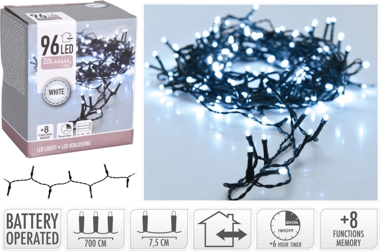 Vianočné LED osvetlenie 7 m, 96 LED, studená biela, 8 funkcií, s časovačom
