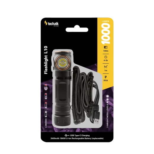 Technik baterka L10 s USB‑C, 1000 lm, magnetická, čelovkový popruh
