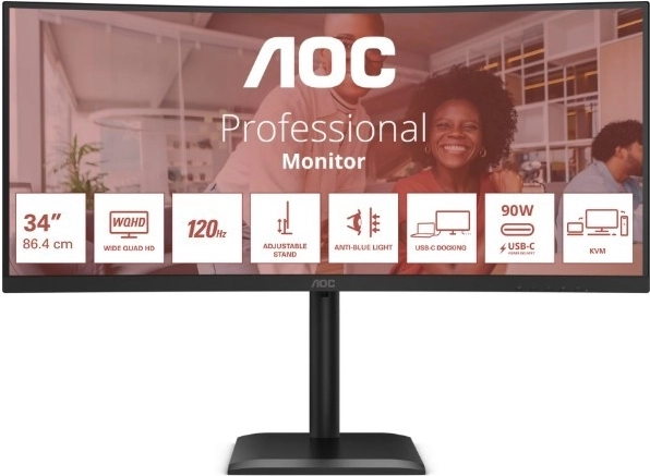 AOC 34" zakrivený monitor CU34E4CV, 120 Hz, VA, HDMI/DP, RJ45, výškovo nastaviteľný, reproduktory