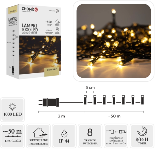 LED vianočná svetelná reťaz 1000 LED teplá biela 53 m (50 m + 3 m) interiérová/exteriérová - 1 kus