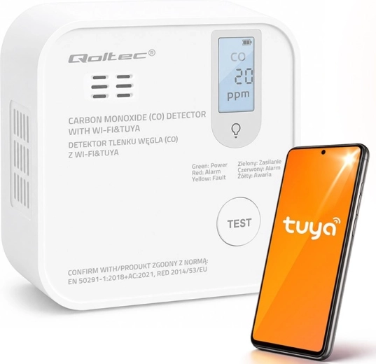Wi-Fi detektor oxidu uhoľnatého TUYA s LCD displejom a LED alarmom