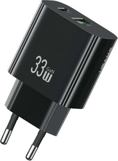 USAMS T65 33W GaN rýchlonabíjačka do siete s USB-C a USB-A (čierna)