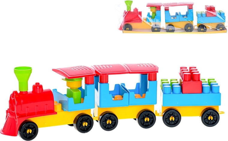 Stavebnica vláčik s dvoma vozňami a nálepkami