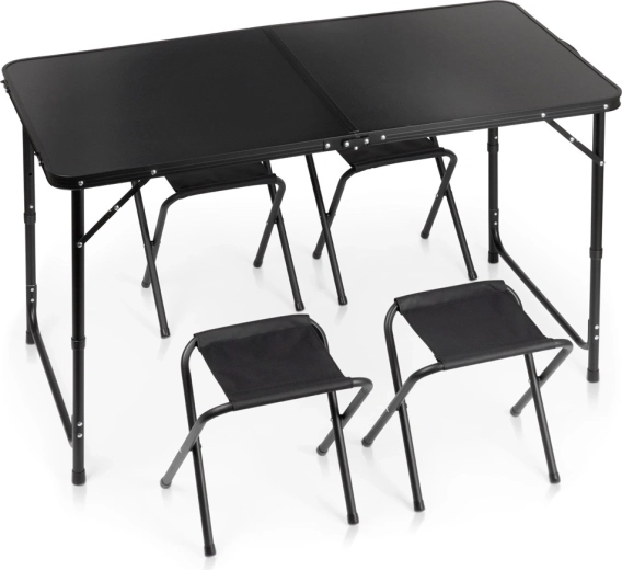Vilde skladací turistický stôl so 4 stoličkami, čierny, 120 × 60 cm