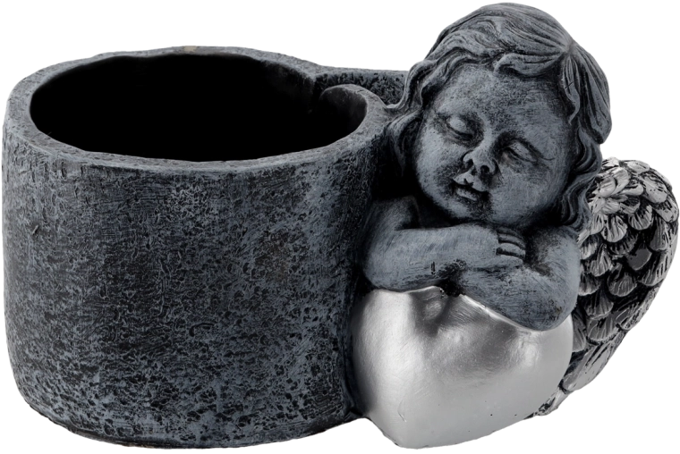 Cementový cintorínsky kvetináč s anjelikom, tmavo sivo‑strieborný 24,5 × 14 × 15 cm