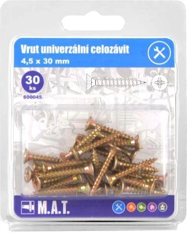 Univerzálne skrutky s celým závitom 4,5 × 30 mm, zinkované, 30 ks