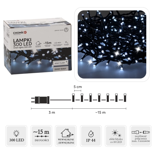 LED reťaz 300 diód studená biela s efektom flash, 18 m na vnútorné aj vonkajšie použitie