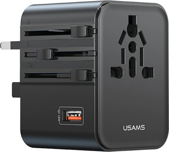 USAMS cestovný adaptér a nabíjačka 25 W 4 v 1 (US/AU/EU/UK) čierna
