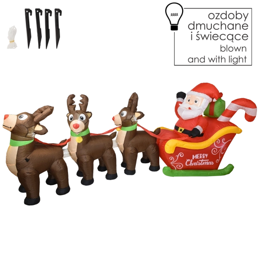 Nafukovací Santa na saniach so sobmi s LED osvetlením - 1 kus