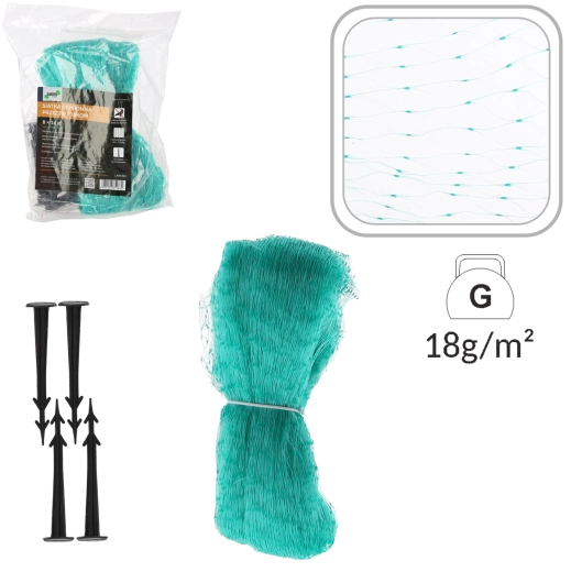 Ochranná sieť proti vtákom 8 × 14 m, zelená, s kolíkmi