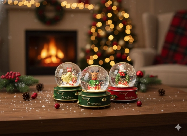 Vianočná snehová guľa so Santom, hviezdou a sobom 7,8 × 7,8 × 8,5 cm