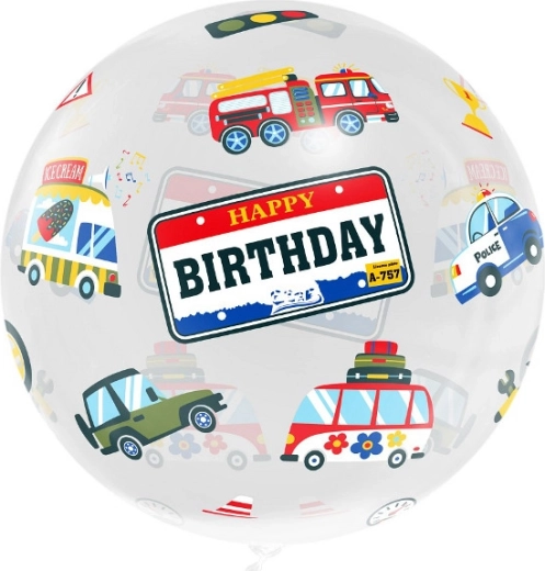 Krištáľový aqua balón Happy Birthday – vozidlá
