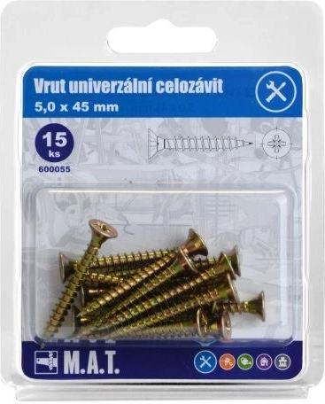 Univerzálna skrutka s plným závitom 5 × 45 mm, pozinkovaná, 15 ks
