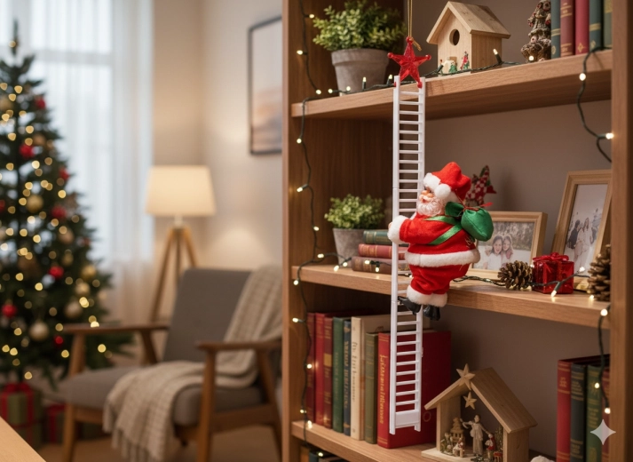 Mikuláš leziaci po rebríku 20,5 cm – pohyblivá vianočná dekorácia s melódiou
