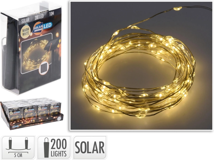 Solárny vianočný LED reťaz 10 m, 200 diód, teplá biela