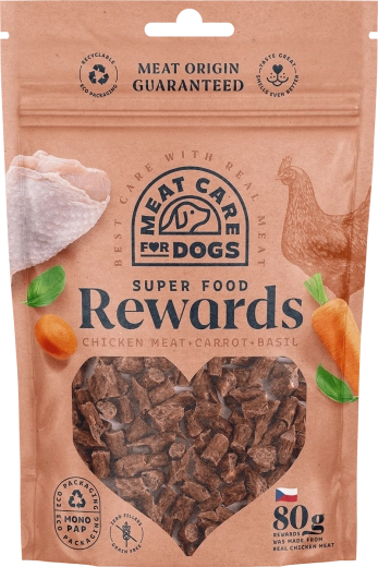 Meat Care Rewards Dog maškrta pre psov – kuracie s mrkvou a bazalkou 80 g