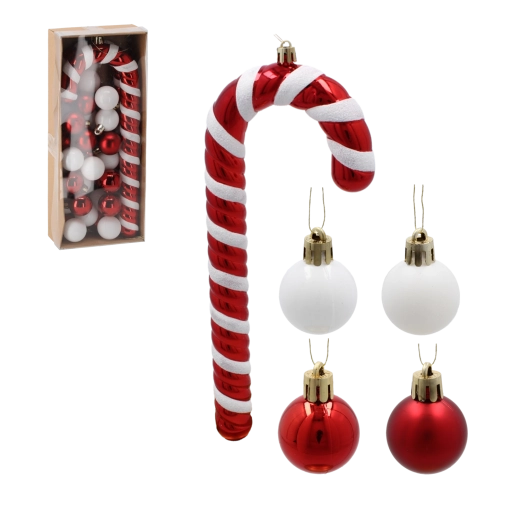 Sada vianočných ozdôb 32 ks – cukrová palička 25 cm a gule 3 cm, netrieštivé