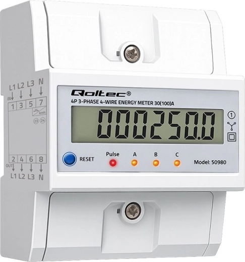 Trojfázový elektromer na DIN lištu s LCD a resetom, 400 V, 100 A, 4-vodičový
