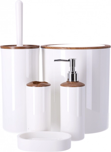 Sada kúpeľňových doplnkov 5 ks BERRETTI, biela s drevenými prvkami