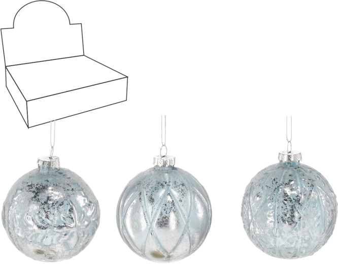 Sklenené vianočné gule 8 cm, modro‑strieborné, sada 12 ks