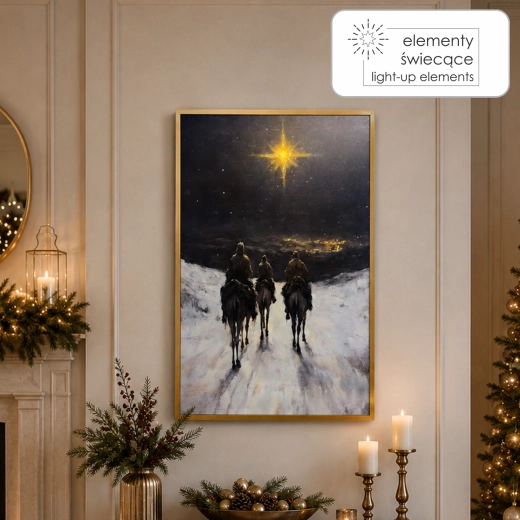 Obraz na plátne s LED podsvietením Traja králi 40 × 60 cm, zlatý rám