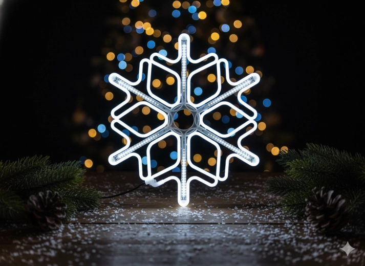 Neónová LED snehová vločka 60 cm – studená biela s efektom flash, vnútorná aj vonkajšia