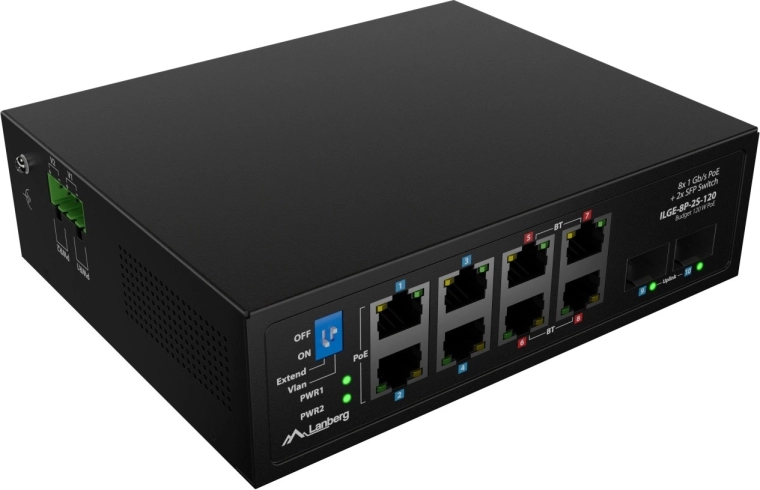 Lanberg ILGE-8P-2S-120 priemyselný PoE++ gigabitový switch na DIN lištu