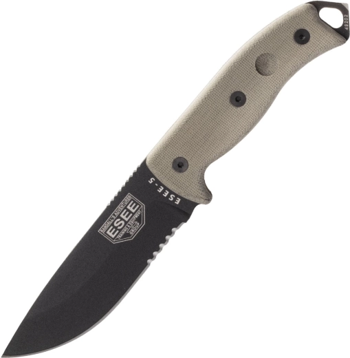 ESEE 5 zúbkované ostrie, čierna čepeľ, rukoväť micarta, puzdro Kydex