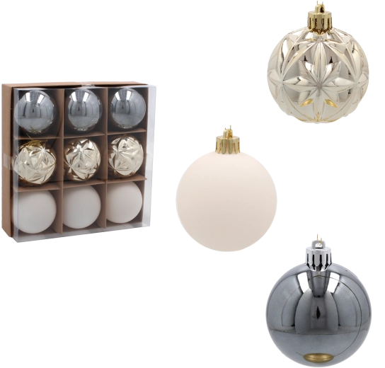 Sada vianočných gúľ 6 cm v odtieňoch šampanského, sivej a bielej – 9 ks