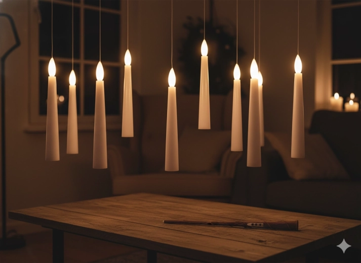 Sada 10 visiacích LED sviecok s kúzelnou paličkou 1,5 × 15,5 cm