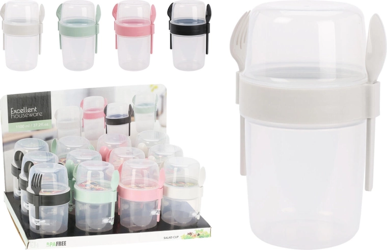 Okrúhla dóza na desiatu 1,1 l s príborom, mix farieb