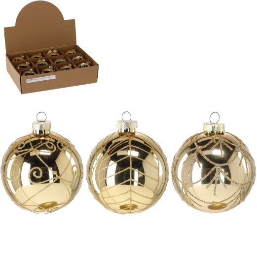 Sklenená vianočná guľa 8 cm so zlatým brokátom