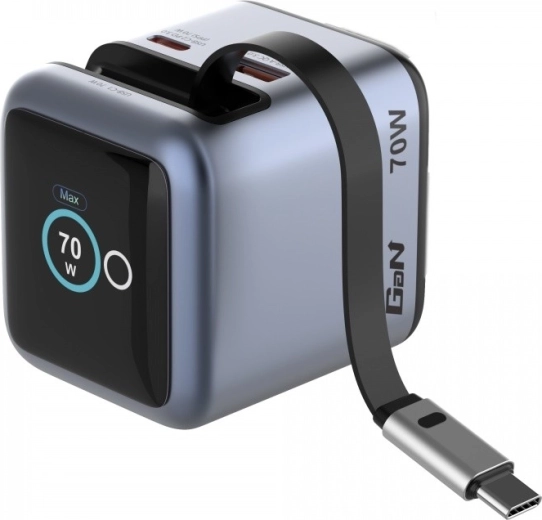 Verbatim mini GaN nabíjačka 70 W s výsuvným USB‑C káblom a displejom