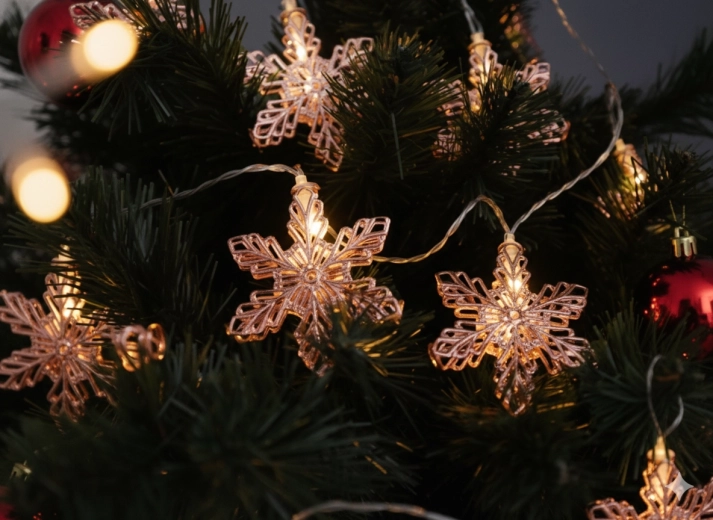 Svetelná reťaz LED snehové vločky ružové zlato, teplá biela, 10 LED